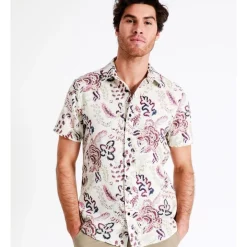 Deals 💯 Maddox Belongil Linen Blend Print Short Sleeve 👕 Shirt In Ecru 🛒