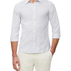 Best Sale ⌛ Van Heusen Nevertuck Long Sleeve Stripe Linen 👕 Shirt In Blue/White 🎁